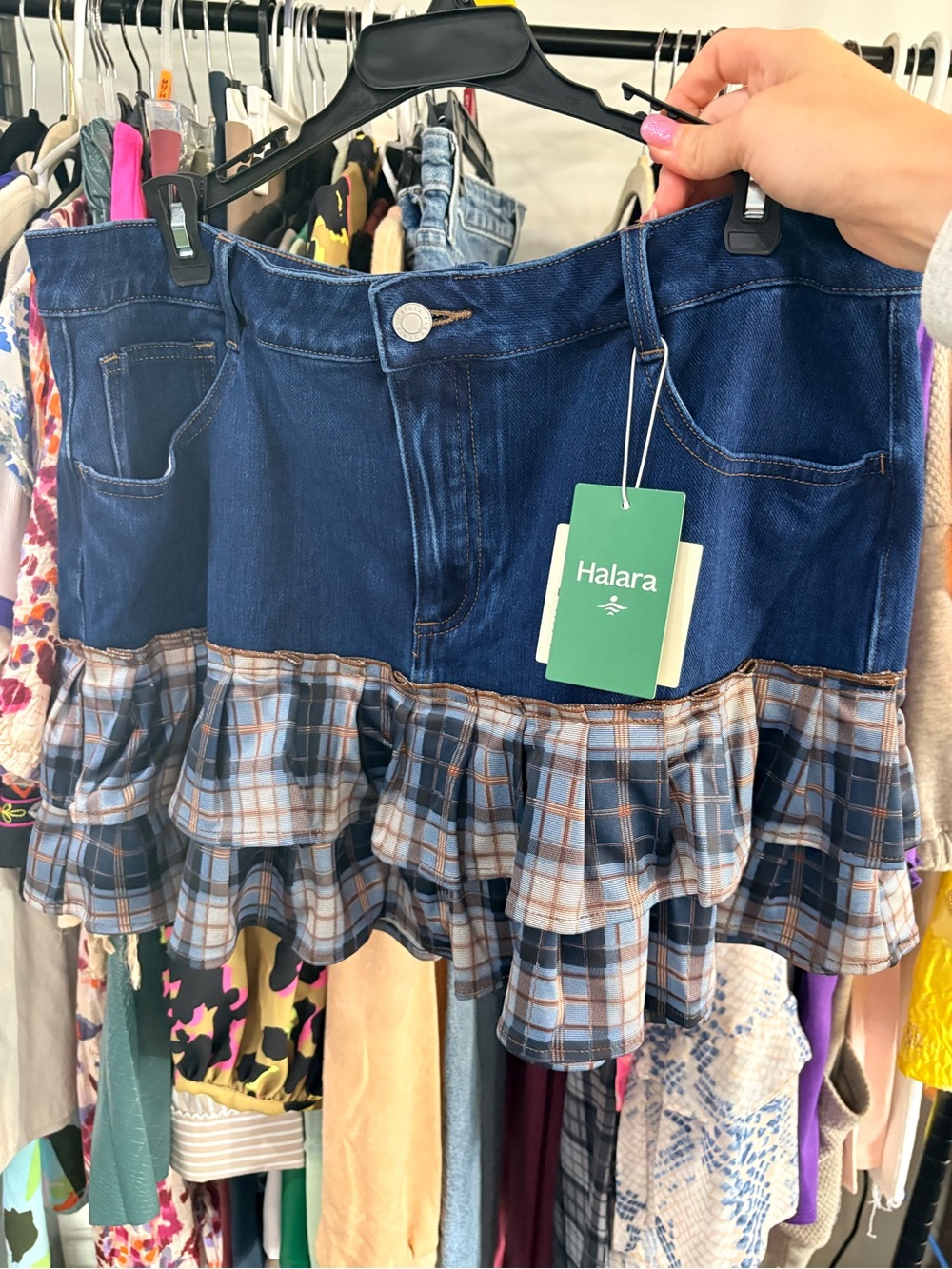 HALARA Dark Blue Denim Mini Skirt with Blue-Brown Plaid Ruffle
